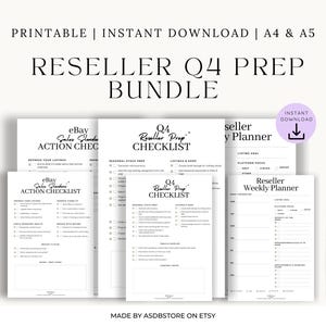 Könnte beinhalten: Ein Bündel druckbarer Dokumente für Wiederverkäufer, einschließlich Checklisten und Planer. Die Dokumente sind in Schwarzweiß gehalten und enthalten den Text "RESELLER Q4 PREP BUNDLE", "eBay Sales Checklist" und "Reseller Weekly Planner". Ein Bleistift befindet sich rechts.