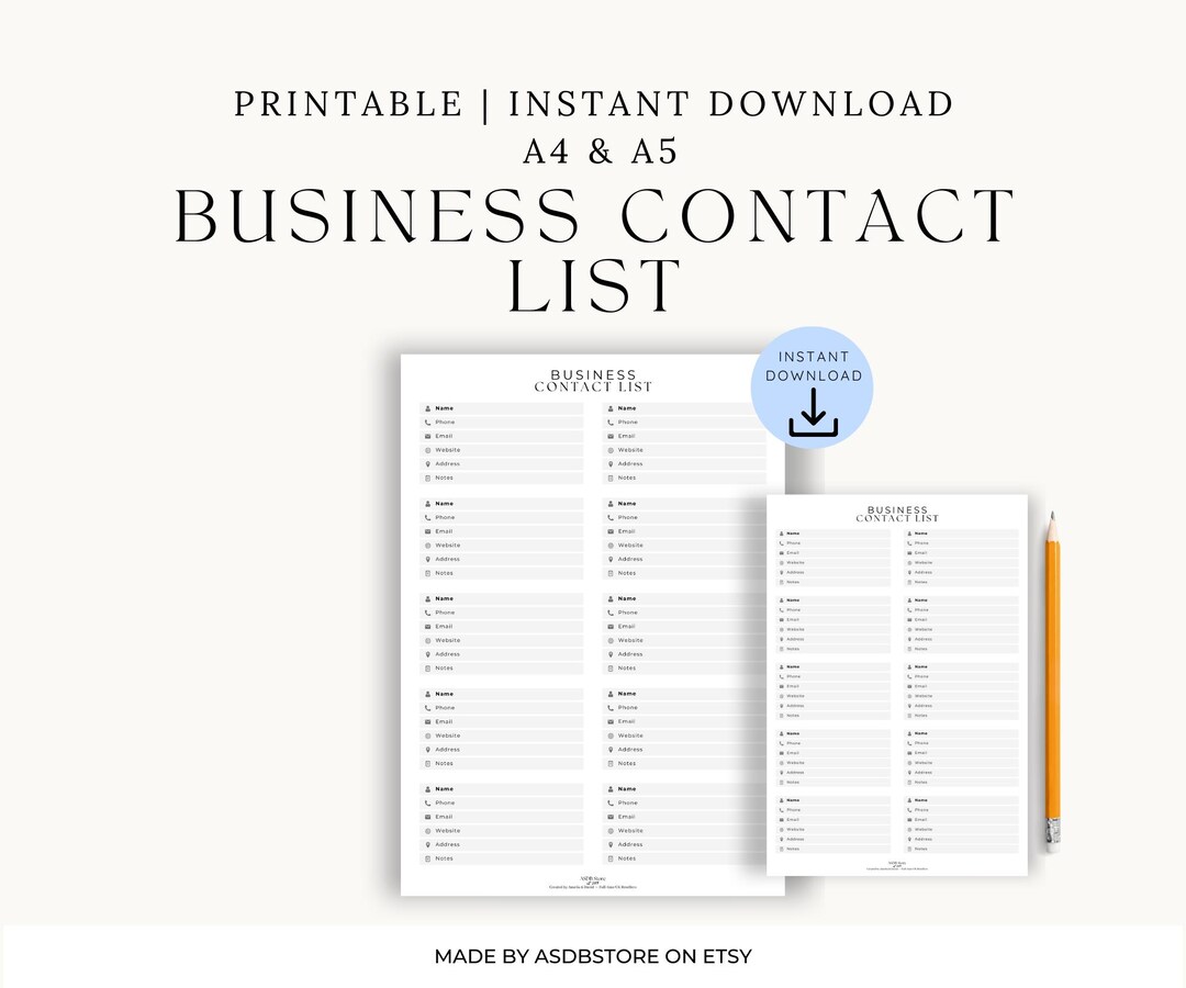 Reseller Contact List | Printable Business Contact Sheet PDF (A4 + A5 ...
