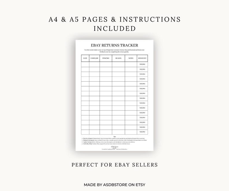 Ebay Returns Tracker: Printable Reseller Log (A4 + A5 PDF) - Etsy