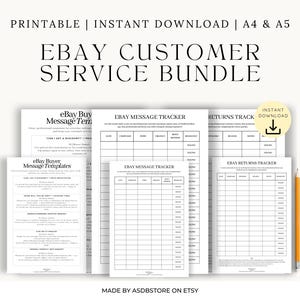 Könnte beinhalten: Ein Bundle aus druckbaren eBay-Kundenservice-Vorlagen und -Trackern. Das Set enthält Vorlagen für Käufernachrichten, Nachrichtenverfolgung und Retourenverfolgung. Der Text enthält "Druckbar", "Sofort-Download", "A4 & A5" und "eBay Customer Service Bundle".