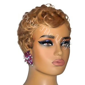 May include: A mannequin head with a short, curly, light brown wig and dramatic eye makeup. The mannequin is wearing large, fuchsia-coloured earrings. The text "Pixie me Wigs" is visible on the image.