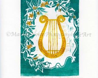 Golden Lyre Woodcut Print: Hand-Carved, Unique Art with Certificate