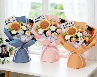 Ramo de graduación de ganchillo con muñeca de graduación personalizada, recuerdo de la promoción de 2026, regalo de flores de graduación tejidas a mano para ella, recuerdo floral de graduación.