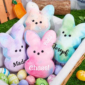 May include: A basket filled with colorful Easter bunny plush toys in shades of pink, blue, purple, and green. Each bunny has a name or year printed on it. Decorative Easter eggs surround the bunnies.