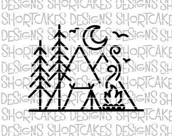 Camping Scene Line Art Digital Download SVG/PNG/JPG/Dxf