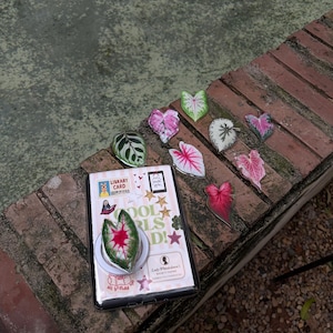 May include: A collection of colorful leaf-shaped stickers and a phone case with a leaf design. The stickers feature various shades of green, pink, and white. The phone case has the text "COOL GIRLS READ!" and "LIBRARY CARD".