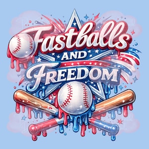 Peut inclure: Conception graphique patriotique avec les mots "Fastballs and Freedom" en rouge, blanc et bleu, avec des balles de baseball, des battes et une étoile. Le design a un effet de peinture dégoulinante et un fond bleu clair.