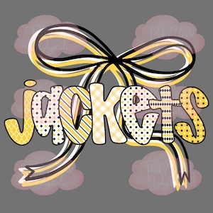 Könnte beinhalten: Grafikdesign mit dem Wort "JACKETS" in einer verspielten Schriftart, wobei jeder Buchstabe mit einem einzigartigen Muster verziert ist. Das Design beinhaltet eine große Schleife mit schwarzen, weißen und gelben Bändern auf grauem Hintergrund.