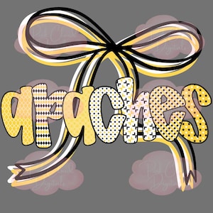 May include: A digital graphic with the word "APACHES" in yellow, black, and white, with various patterns. A large bow in matching colors arches over the word. The background is gray with pink cloud accents.