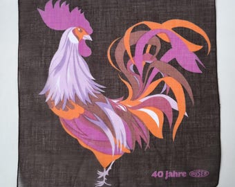 Pañuelo vintage de algodón marrón con estampado de gallo morado, 11,8 pulgadas, en perfecto estado.