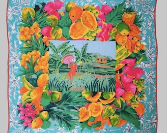 LOUIS FERAUD 80s multicolour silk square scarf tropical fruits 86*87 cm