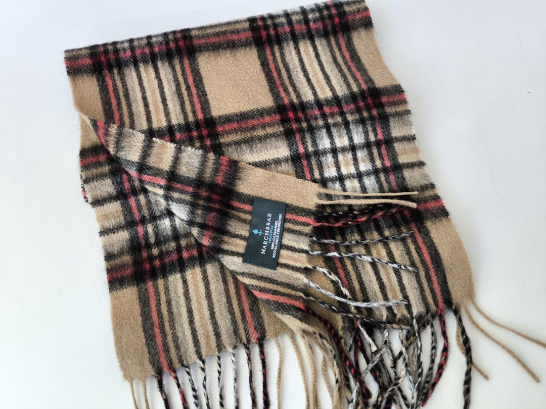 March Bae MARCHBRAE Pure CASHMERE Soft Brown Red Gray Check Scarf Fringe 170*26 ...
