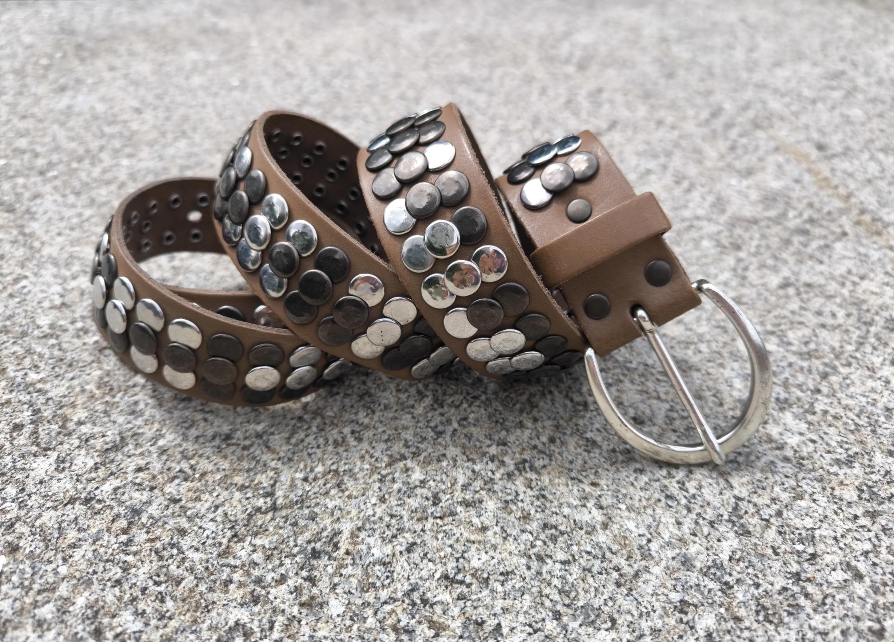 VANZETTI Light Brown Studded Leather Avant Garde Y2K Belt 90-102