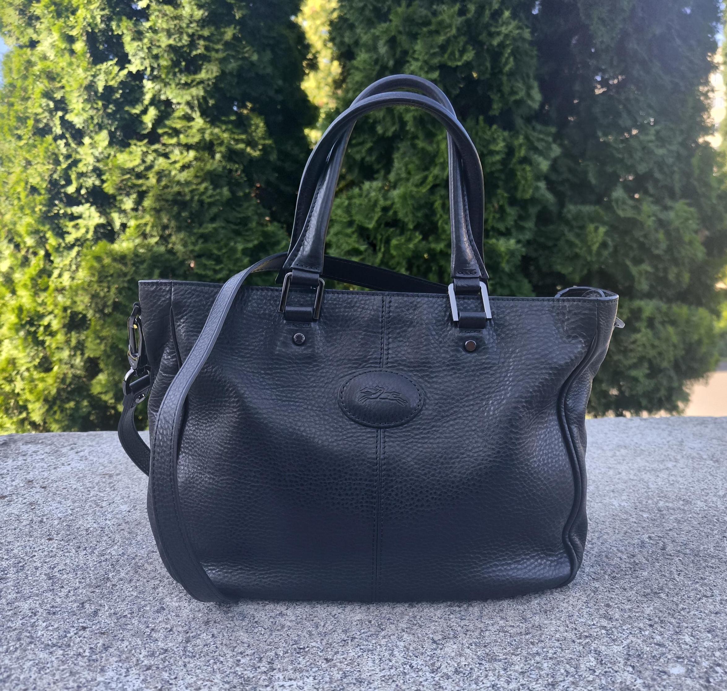 Longchamp Tote Bag shoulder crossbody Pebble Leather Grained Black