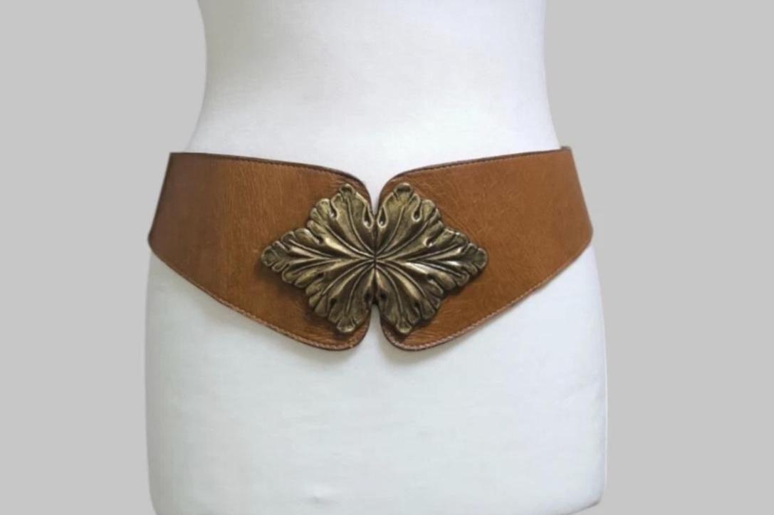 VTG LEATHEROCK USA Leaf Tan Brown Leather Waist Belt Medium  display picture 1