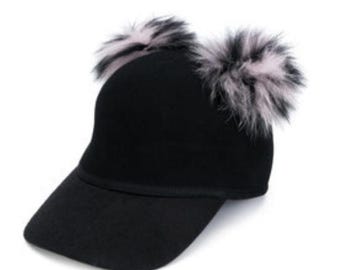 Charlotte Simone Black Sass fur-pompom wool cap hat One Size
