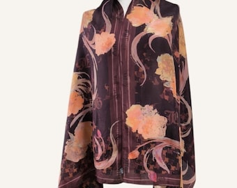 John Galliano Burgundy silk long scarf abstract floral print 165*68 cm