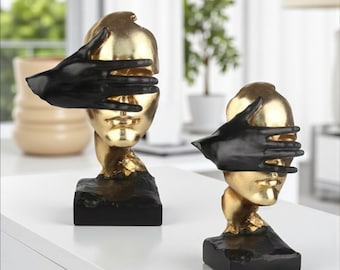 抽象的な沈黙は金の彫像：手作り樹脂の手顔彫刻 - Etsy 日本