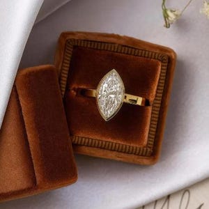 Marquise Cut Moissanite Engagement Ring, Thick Band Bezel Set Diamond Solitaire Ring, Plain Wide Band Gold Proposal Ring, Anniversary Gift