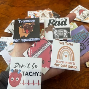 May include: A collection of square pins featuring various designs, including a pug with the text 'Trazzies for spazzies', a skeleton dog with 'Stay Rad', a rainbow with 'Vet Techs Warm hearts for cold noses', and a heart with 'Don't be TACHY!'