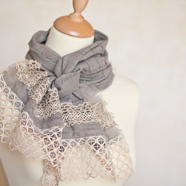 Linen Scarf Vintage French Lace Natural Gray Beige Eco Friendly Fall Fashion OOAK