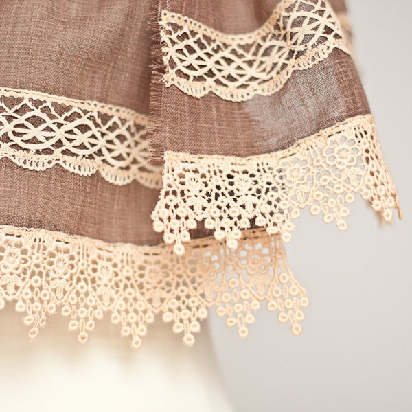 Long Linen Scarf Vintage French Lace Natural Brown Beige chocolate Eco Friendly autumn rustic OOAK