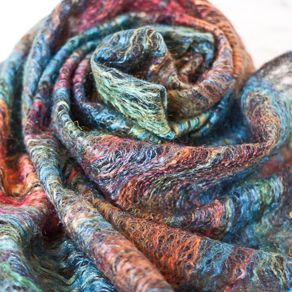 Felted Cobweb Scarf / Shawl Colorful Black Stripes Fiber Art Multicolor Rainbow Women autumn fall fashion