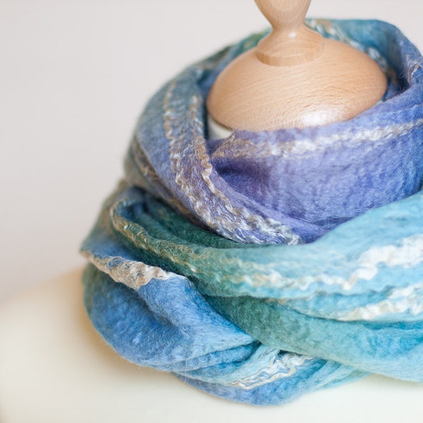 Cobwel Lace Scarf Blue Faced Leicester Seacell Silk - Iris Flower Lilac Lavender Sky Blue Aqua Turquoise Hand dyed hand felted spring fashion OOAK Handmade by frenchfelt on Etsy