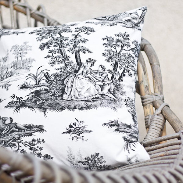Pillow Cover Vintage Toile de Jouy French Country 16 x 16 Black and White Neutral Rustic Shabby Chic romantic teamcamelot tbteam elitett