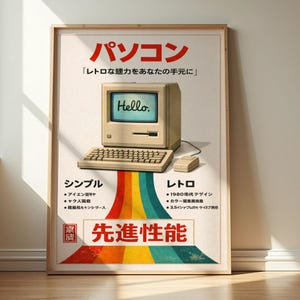 Può includere: Un poster di computer vintage incorniciato con testo giapponese. Il poster presenta un computer beige con tastiera, mouse e uno schermo che mostra "Hello". Una grafica arcobaleno si estende dal computer. Il poster ha testo giapponese.