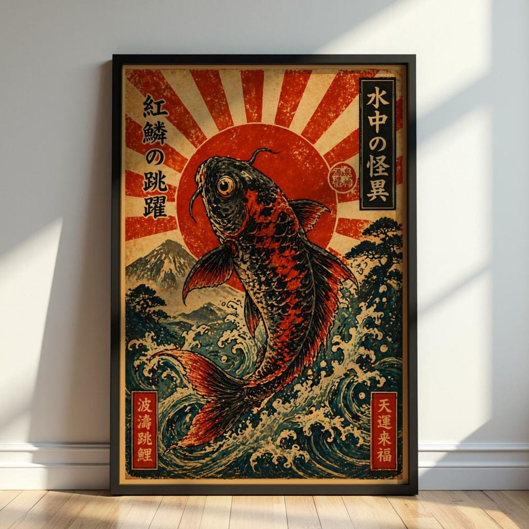 Japanese Koi Fish Poster - Rising Sun Wall Art, Vintage Asian Print ...