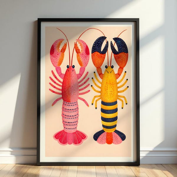 Kolorowa grafika ścienna z homarami – nadruk z motywem nadmorskim, plakat z owocami morza w stylu marynistycznym, fantazyjny wystrój domu na plaży, skandynawska ilustracja