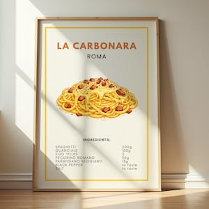 Può includere: Un poster incorniciato con un'illustrazione della pasta La Carbonara. L'immagine mostra spaghetti con salsa cremosa e carne a cubetti. Il testo include "LA CARBONARA ROMA" e un elenco di ingredienti con misure in grammi. Il poster è in una cornice di legno.