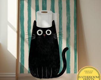 Funny Black Cat Bathroom Poster – Cute Toilet Paper Cat Wall Art, Minimal Bathroom Decor, Funny Cat Print