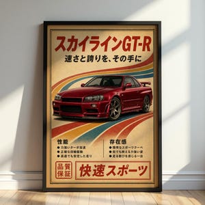 May include: Framed vintage-style poster featuring a red sports car, with Japanese text and retro color stripes. The poster includes Japanese text and details about the car's performance and presence.