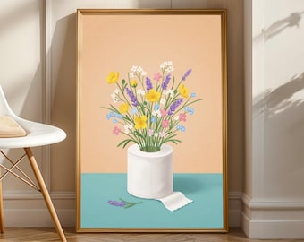 Wildflower Toilet Paper Art Print – Colorful Bathroom Wall Art, Cute Floral Powder Room Decor, Modern Minimal Bathroom Poster