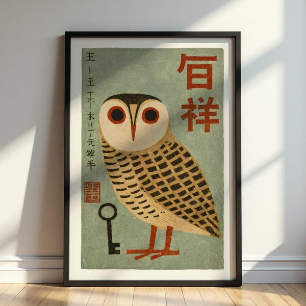 Plakat z japońską sową – sztuka ścienna w stylu vintage ze zwierzętami, azjatycki nadruk ludowy, minimalistyczny wystrój w stylu japandi, ilustracja retro, unikatowa grafika z ptakami