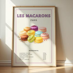 Può includere: Una stampa incorniciata con una collezione di colorati macarons. Il testo "LES MACARONS PARIS" è in alto. Sotto, è presente un elenco di ingredienti, tra cui farina di mandorle, zucchero a velo, albumi, zucchero semolato, burro e panna.