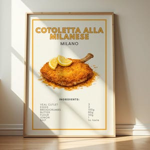 May include: A framed print featuring a Cotoletta alla Milanese recipe. The image shows a breaded veal cutlet with lemon slices. The recipe includes ingredients like eggs, breadcrumbs, butter, flour, lemon, and salt.