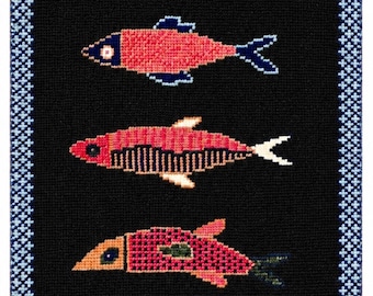 Koi Fish Oushak Rug Hand Knotted Wool Runner Needlepoint Fish Pattern Tapestry Black & Coral Folk Art Small Rug Modern Coastal Wall Hanging