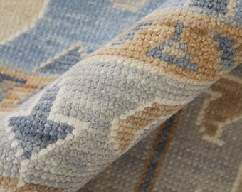 Modern Oushak Hand Knotted Rug, Vintage Floral Area Rug, Neutral Blue Beige Rug, Persian Style Rug, Living Room Bedroom Decor