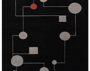 Mid Century Modern Rug, Hand Knotted Wool Area Rug, Abstract Geometric Black Grey Carpet, Minimalist Living Room Rug, Custom Large Rug 9X12