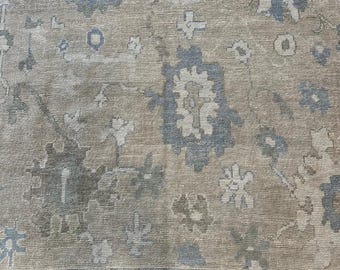 Modern Oushak Hand Knotted Wool Rug | Muted Blue Beige Turkish Area Rug | High Traffic Durable Living Room Carpet | Contemporary Custom Rug