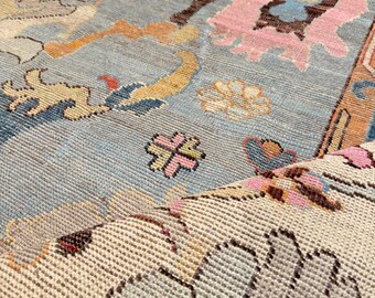 Antique Oushak Rug Hand Knotted Flora Blue Cream Wool Large Area Rugs For Bedroom Livingroom Nursery Kitchen 5X8 6X9 8X10 9X12 10X14 Custom