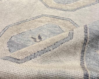 Hand Knotted Oushak Rug | Modern Grey Beige Turkish Style Area Rug | Neutral Wool Geometric Carpet for Living Room Dining Room Custom Size