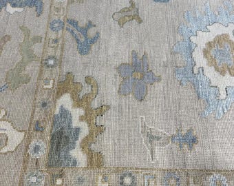Hand Knotted Oushak Rug Modern Turkish Floral Area Rug Soft Sage Green Light Blue Wool Rug Large Living Room Rug Traditional Distressed Rug
