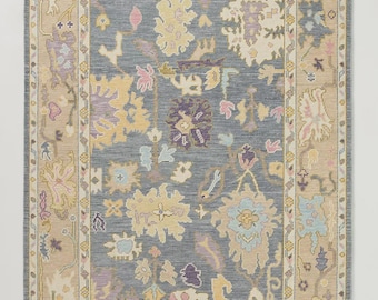 Hand Knotted Oushak Rug - Modern Wool Area Rug, Grey Pastel Turkish Carpet, Floral Living Room Rug, Traditional Boho Decor, Larson Rug 8X10