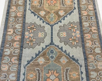 Muted Oushak Runner Rug, Hand-Knotted Turkish Style Wool Hallway Carpet, Pastel Blue & Terracotta Vintage Distressed Long Runner Kitchen Rug