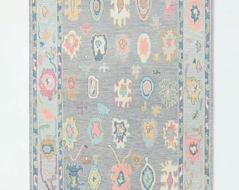 Modern Oushak Rug 8x10 Grey Pastel Hand-Knotted Wool Rug, Transitional Bohemian Bordered Carpet, Colorful Abstract Floral Medallion Area Rug