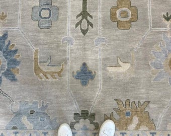 Modern Oushak Hand Knotted Rug, Blue Beige Floral Area Rug, Vintage Style Living Room Rug, Bedroom Decor, Housewarming Gift